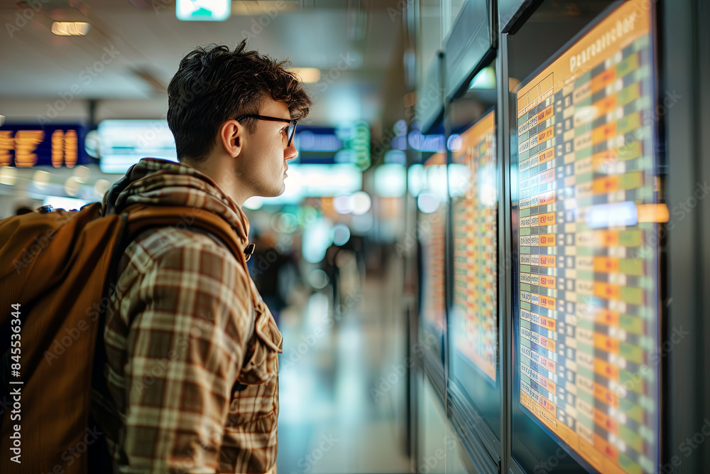 Tourist checking flight schedules on a display board at an airport, highlighting the concept of travel planning and punctuality Tourist checking flight schedules on a display board at an airport, highlighting the concept of travel planning and punctuality
