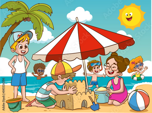 cute children build a sand castle. Kids play on the beach near the sea. Vector illustration in children's style.