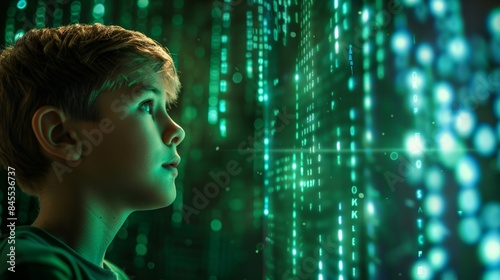 Boy looking at green digital matrix lights
