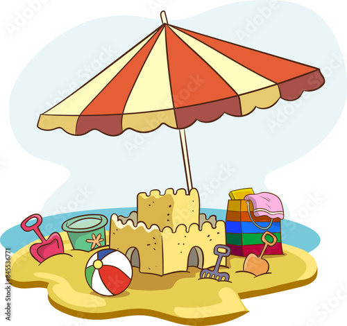 Cartoon sand castle, bucket and shovel at sea beach. Sand tower with seashells and flag. Children summer building activity vector concept. Sand castle on beach summer, tower house illustration