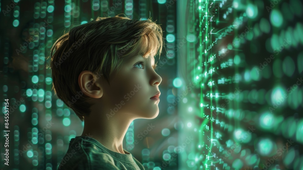 Boy looking at green digital matrix lights Boy looking at green digital matrix lights