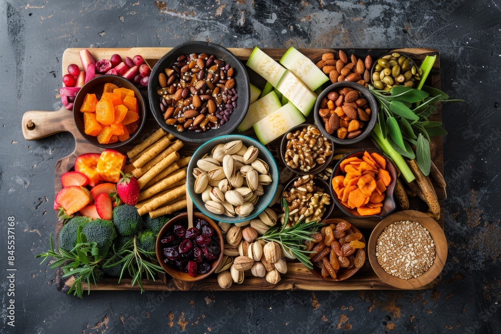 Healthy Grazing Board with Nuts, Dried Fruits, Vegetables, and Gluten-Free Snacks for Nutritious Eating Healthy Grazing Board with Nuts, Dried Fruits, Vegetables, and Gluten-Free Snacks for Nutritious Eating