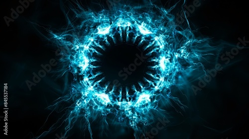 Stunning visual of a glowing energy ring with electric strands radiating from a central black void. This cosmic scene captures the dynamic power and beauty of an interstellar phenomenon.