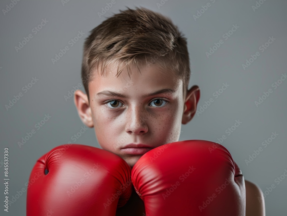 Focused young boxer with red gloves in a training pose Focused young boxer with red gloves in a training pose