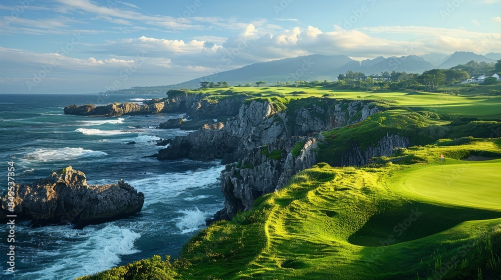Golf course by the sea, with waves crashing nearby and a perfect green landscape. Golf course by the sea, with waves crashing nearby and a perfect green landscape.