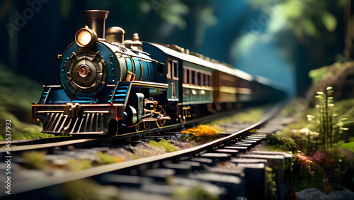 toy train is on a track in the woods, A vintage train set on an old railway track Generative Ai
