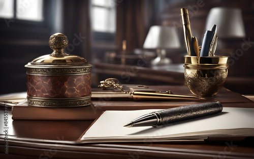 Stylish silver pen on a dark mahogany desk with an open notebook, elegant and sophisticated ambiance