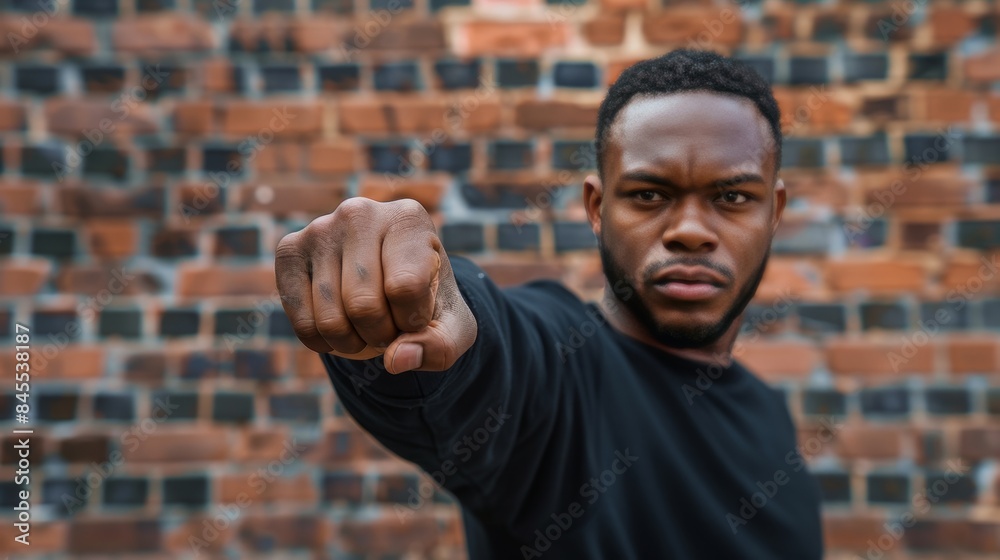 Confident Young African American Man Power Stance Against Brick Wall. Black History Month Confident Young African American Man Power Stance Against Brick Wall. Black History Month