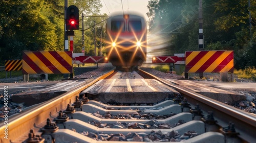 Train approaching a railway crossing with barriers down and warning lights flashing