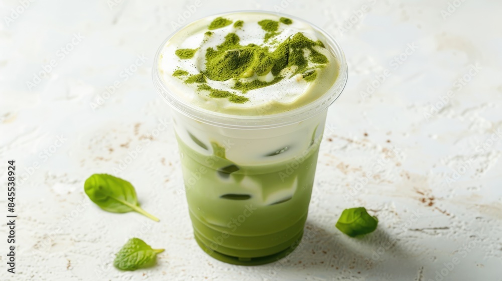 Glass of iced matcha latte with mint leaves on a white background. Glass of iced matcha latte with mint leaves on a white background.