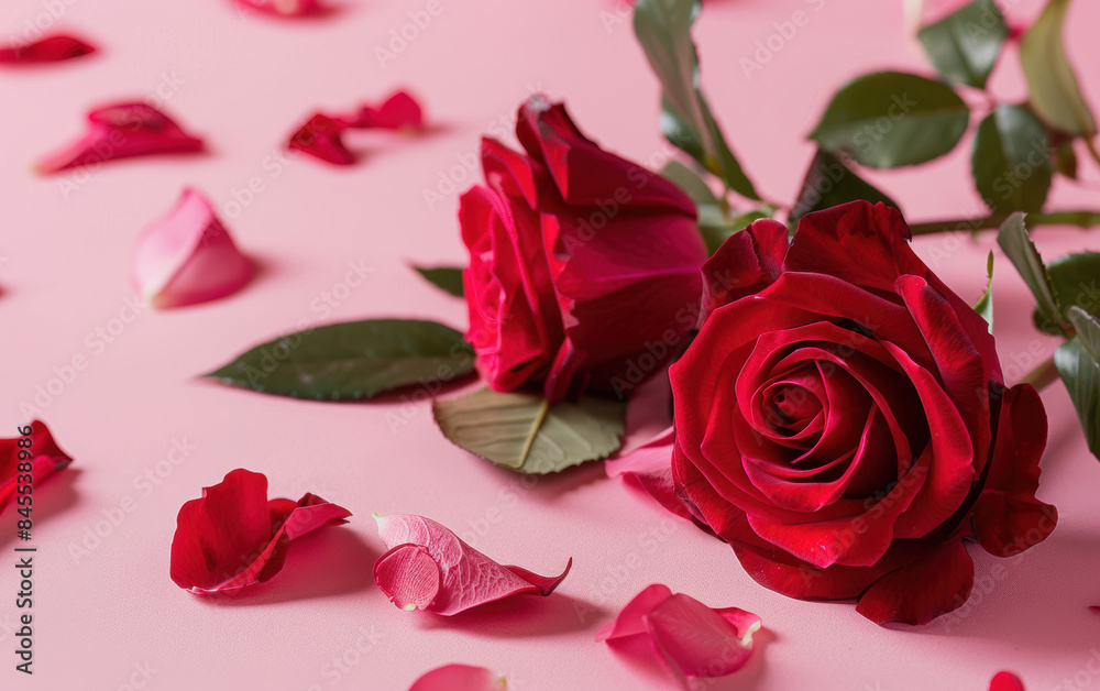 Beautiful red roses and scattered petals on a pink background, perfect for romantic and Valentine-themed projects. Beautiful red roses and scattered petals on a pink background, perfect for romantic and Valentine-themed projects.