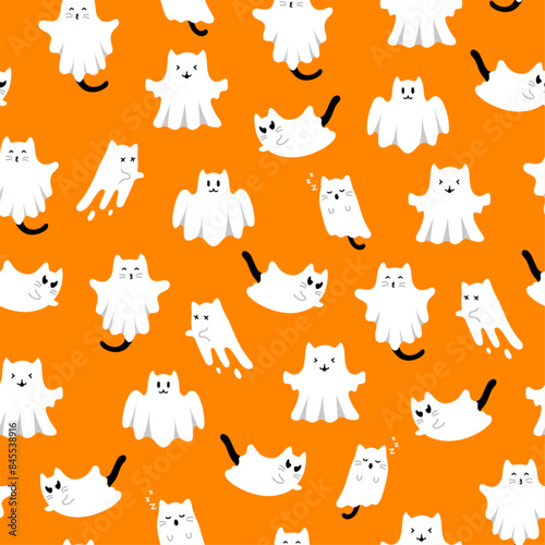 Cute halloween pattern with white ghost cats on orange background. Vector flying Halloween characters, cartoon kittens spirit. Kawaii ghost print for fabric texture, wrapping paper, greeting design.