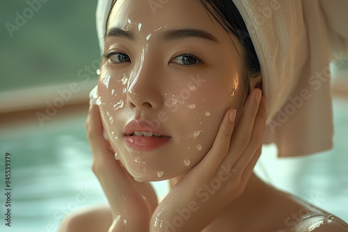 Woman with Freshly Washed Face in Towel