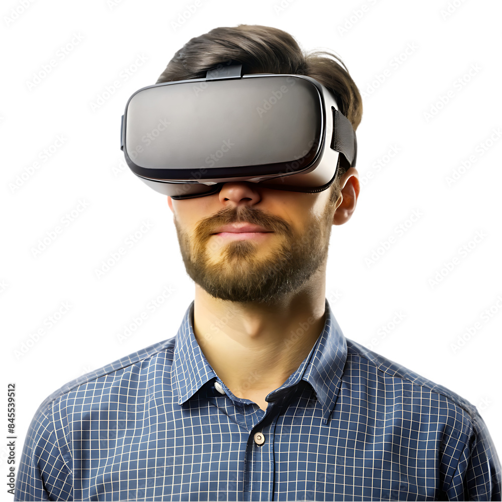 Happy man trying virtual headset Happy man trying virtual headset