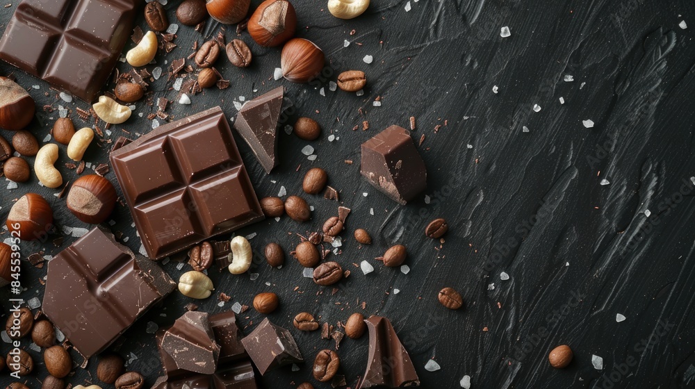 Gourmet Dark Chocolate Bars with Hazelnuts and Coffee Beans on Black Background World Chocolate Day Gourmet Dark Chocolate Bars with Hazelnuts and Coffee Beans on Black Background World Chocolate Day