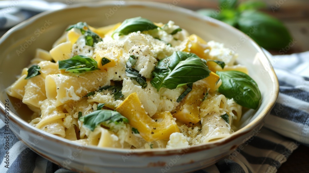 Fresh Basil and Cheese Linguine Pasta in Pan. Classic Macaroni Salad Fresh Basil and Cheese Linguine Pasta in Pan. Classic Macaroni Salad