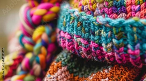 Vivid Handmade Knitted Scarves Displaying Colorful Patterns © Julia Jones