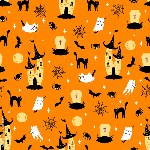 Halloween ghost castle seamless pattern. Vector cartoon ghost, gloomy dark castle, black cat, bat, full moon, tomb and spiderweb on orange background. Cute Halloween print for wrap, fabric, decor.