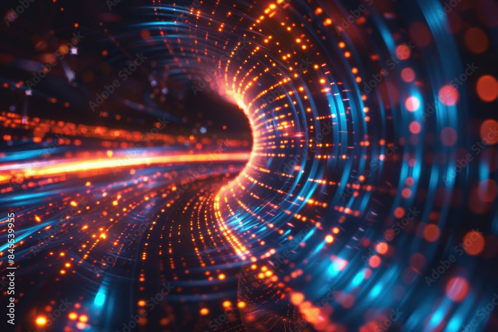 Vibrant digital tunnel with glowing lights, representing high-speed data transfer and futuristic technology concepts in bright neon colors. Vibrant digital tunnel with glowing lights, representing high-speed data transfer and futuristic technology concepts in bright neon colors.