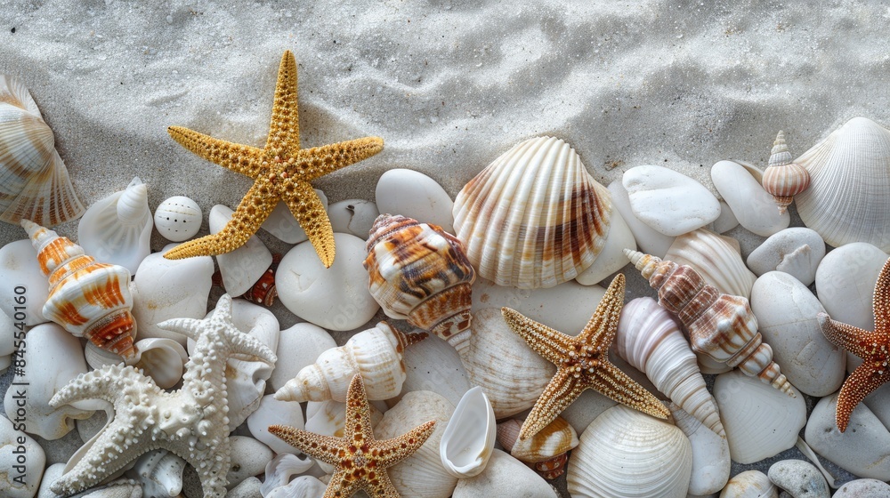 Sea stars and shells on white stones Sea stars and shells on white stones