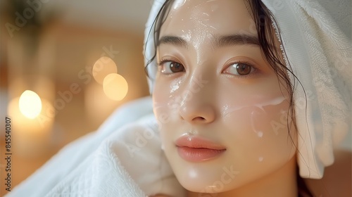 Woman with Wet Towel and Dewy Face