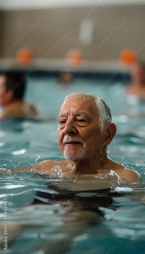 Fototapeta premium Senior Man Engaging in Aquatic Exercise for Joint Pain Relief at Indoor Pool Facility