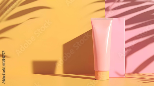 Wallpaper Mural 3D rendered sunscreen product mockup ad banner template.Colorful summer with palm tree background. Torontodigital.ca