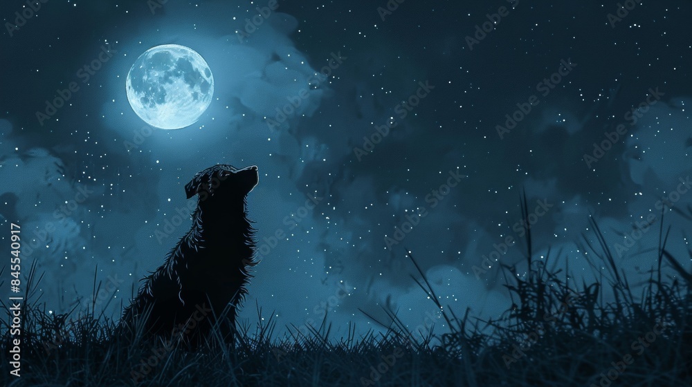 Illustrate a dog basking in the moonlight at midnight