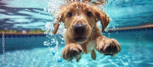 Golden Labrador Retriever puppy having a blast in an outdoor swimming pool, happily jumping and diving deep. Enjoying summer fun and games with the family's beloved pet.