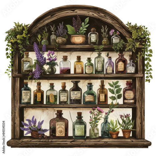 Rustic Herbal Apothecary Shelf with Vintage Bottles and Fresh Herbs