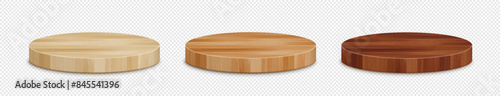 Vector 3d wooden circle podium set. Round empty light, dark and natural wood pedestal with shadow on transparent background. Natural product display presentation scene template collection