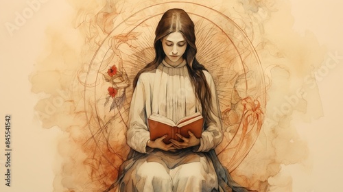 The painting of St. Margaret Mary Alacoque in Prayer Before the Sacred Heart in 17th-Century Convent, Beige Background, Copyspace,Christian banner photo