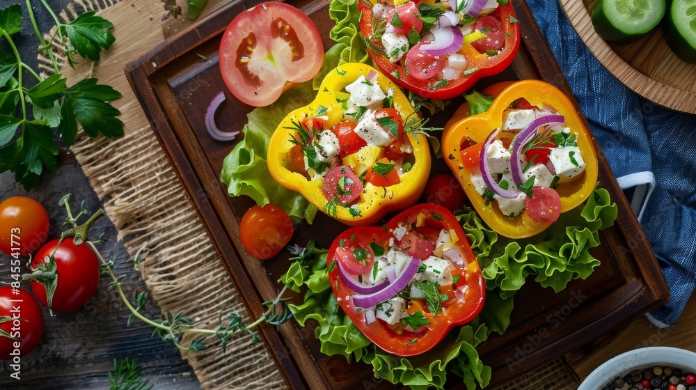 Colorful Stuffed Bell Peppers with Fresh Basil. Greek Yogurt Chicken Salad Stuffed Peppers Colorful Stuffed Bell Peppers with Fresh Basil. Greek Yogurt Chicken Salad Stuffed Peppers