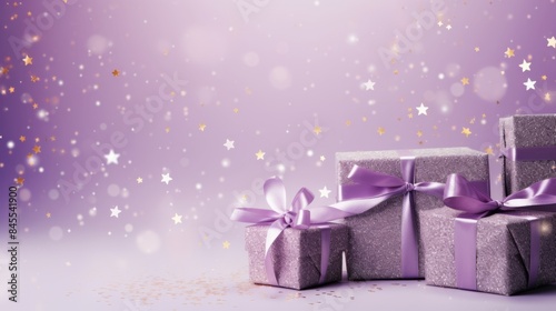 Sparkling Purple Gift Box with Festive Background