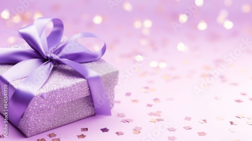 Sparkling Purple Gift Box with Festive Background