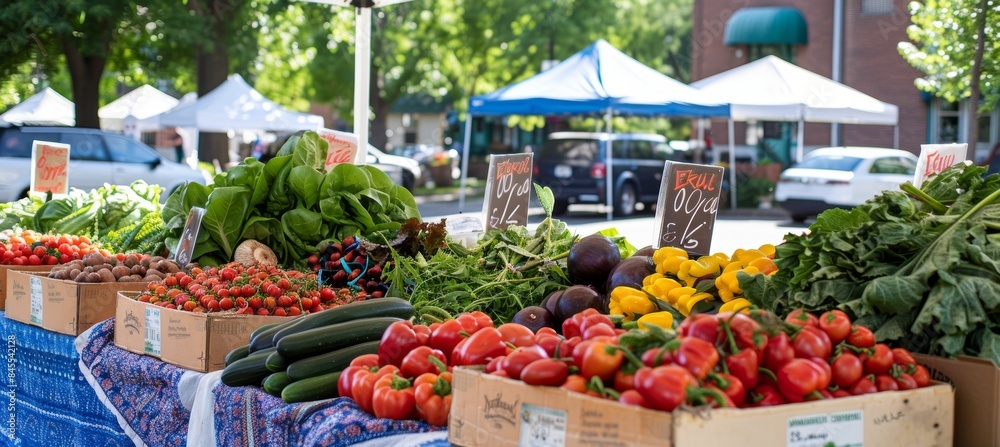 Fototapeta premium Vibrant Farmer's Market Display of Fresh Gluten-Free Fruits, Vegetables, and Homemade Baked Goods
