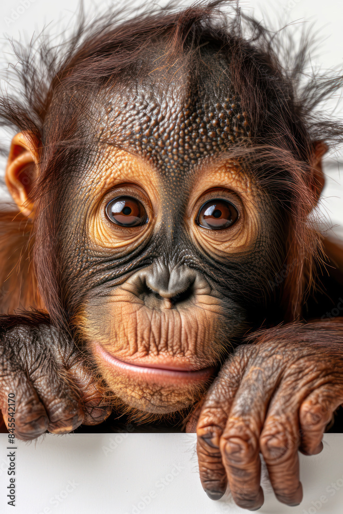 Captivating Close Up of a Baby Orangutan's Expressive Face and Hands Against a White Background Captivating Close Up of a Baby Orangutan's Expressive Face and Hands Against a White Background