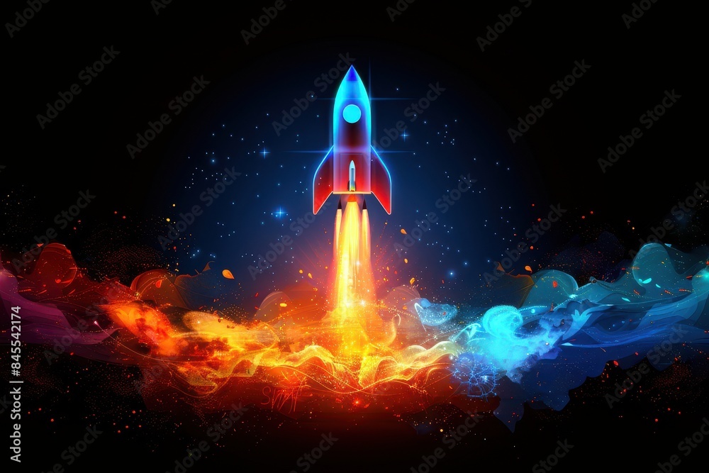 Fototapeta premium A rocket launching upwards with vibrant colors and dynamic motion.