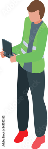 Drone pilot wearing a safety vest, operating a drone using a remote control