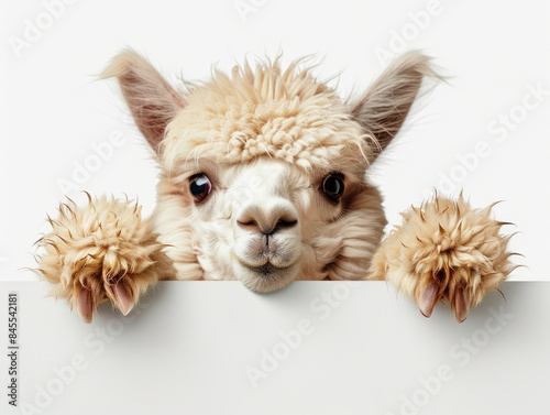 Adorable Baby Alpaca Peeking Over a White Barrier, Capturing the Playful and Curious Nature of This Furry Animal with Fluffy Wool, Perfect for Animal Lovers and Llama Enthusiasts photo