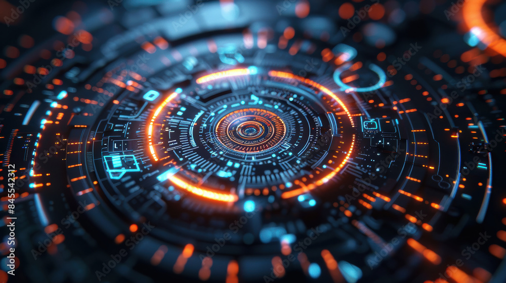 Futuristic digital interface with glowing blue and orange circular patterns, representing advanced technology and innovation in a high-tech concept. Futuristic digital interface with glowing blue and orange circular patterns, representing advanced technology and innovation in a high-tech concept.