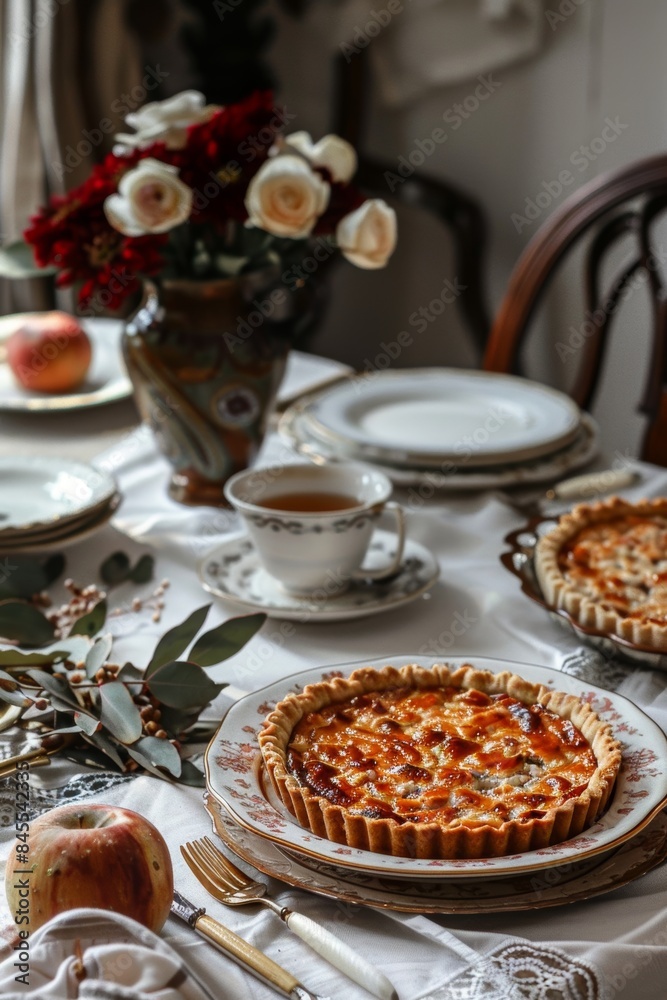 Elegant Autumn Table Setting with Gluten-Free Tart, Tea, and Fresh Apples for Afternoon Delight Elegant Autumn Table Setting with Gluten-Free Tart, Tea, and Fresh Apples for Afternoon Delight