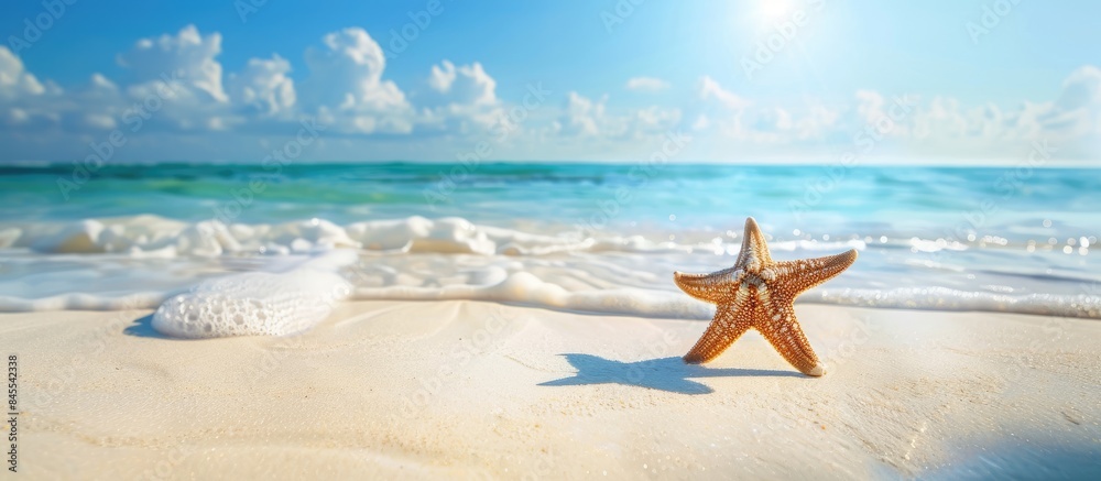 Starfish on a stunning beach with white sand by the sea. Perfect summer backdrop with space for text. Starfish on a stunning beach with white sand by the sea. Perfect summer backdrop with space for text.
