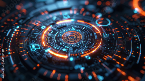 Wallpaper Mural Futuristic digital interface with glowing blue and orange circular patterns, representing advanced technology and innovation in a high-tech concept. Torontodigital.ca