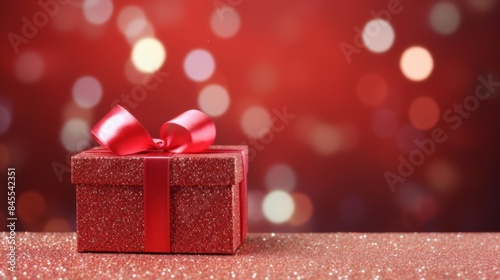 Festive Red Glitter Gift Box on Sparkling Background