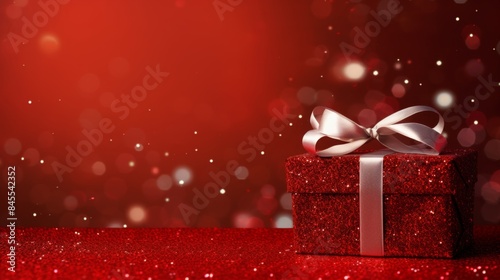 Festive Red Glitter Gift Box on Sparkling Background