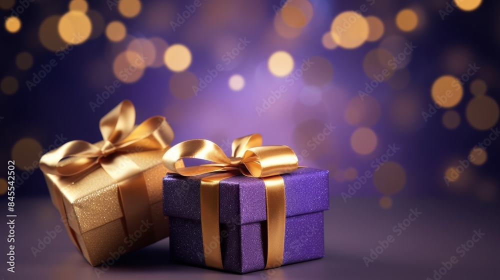 Purple and Pink Gift Boxes with Sparkling Ribbons on Bokeh Background Purple and Pink Gift Boxes with Sparkling Ribbons on Bokeh Background