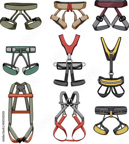 climbing harnesses set cartoon. rock climber, equipment rope, work gear climbing harnesses sign. isolated symbol vector illustration