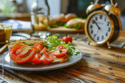 alarm clock and a delicious healthy meal on the table