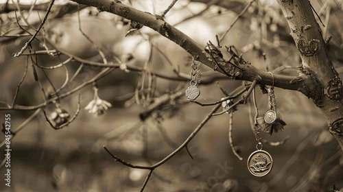 Tree branches adorned with amulets to ward off evil. A close-up of a talisman for good fortune. Aged sepia hues evoke an ancient era in this photo. photo
